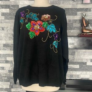 Margules Plus Sequin Beaded Sweater Size 40 Black Cotton Blend Vintage Floral